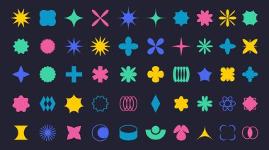 Vahşilik geometrik şekiller. Minimalist soyut biçimler, temel şekil elementleri ve modern grafik figürleri vektör kümesi. Çizgi film sade yıldız, haç ve çiçek desenli çıkartmalar.