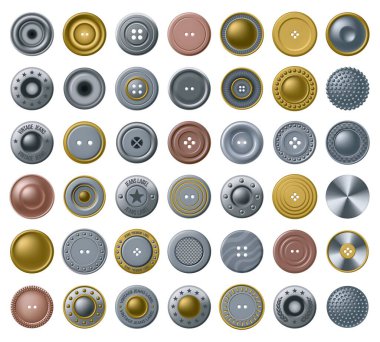 Kıyafetler için gerçekçi düğmeler. Antika metal bağlayıcı, kot aksesuar düğmesi ve antika bronz giysi bağlayıcı vektör seti. Bakır ve çelik yuvarlak perçin elementler koleksiyonu