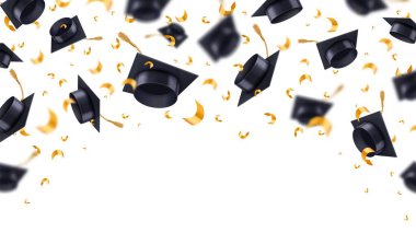 Mezuniyet şapkalarını konfetiyle uçurmak. Okul, üniversite veya üniversite başarı çerçevesi, öğrenci şapkaları, eğitim şablonu, gerçekçi 3D illüstrasyon. Akademik ödül töreni