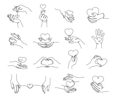 Kalbi tutan tek çizgi. Aşk şekilli el hareketleri, romantik çiftler ve bakım vektörü çizimleri. Romantik ilişkiler, hayırseverlik konsepti kesintisiz çizgi