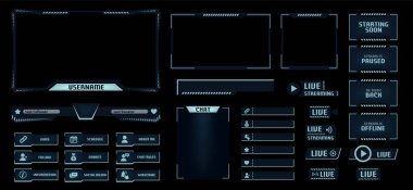 Night mode stream overlay. Dark theme gaming video template with game screen, live chat and webcam frames. Panels buttons and donation bar vector set. Username and chat borders, online broadcasting clipart