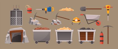 Çizgi film maden elemanları. Maden girişi, maden asansörü ve aletler. Altın ve kömür taşıyıcı resimleme seti olan vagonlar. Metal çıkartma için koruyucu kask, kazıcı ve dinamit.