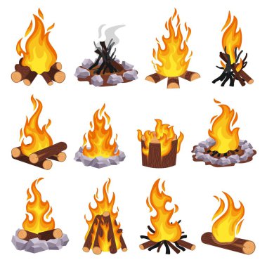 Cartoon campfire. Wood bonfire, burning log and fieldstone fire pit. Stacking firewood types and extinguished fire vector illustration set. Outdoor summer burning wood, camping activity clipart