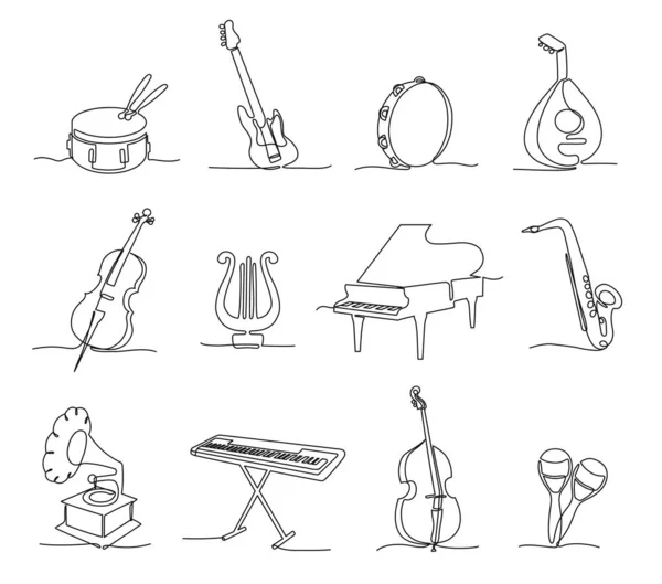 1つの連続ライン楽器 インストゥルメンタル音楽 さまざまなコンサートのサウンドアイコンを手描きベクトルイラストセット ドラム ギター ハープピアノ バイオリンなどの絶縁型機器 — ストックベクタ