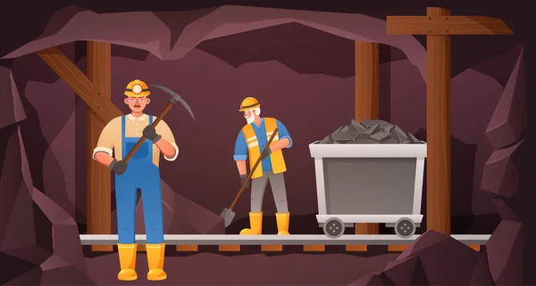 Miners Coal Cave Mine Worker Digging Tunnel Rail Trolley Ore — Vetor de Stock