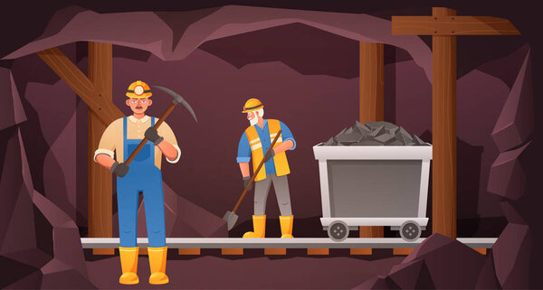 Шахтеры в угольной пещере. Шахтёр копает тоннель, железнодорожная тележка с рудой и шахтёр с векторной иллюстрацией кирки. Мужчины в форме и защитном шлеме добывающие уголь, рискованная профессия
