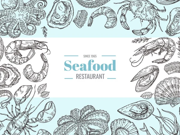 海鲜菜单传单 海餐馆的横幅上有手绘素描虾 章鱼和龙虾 雕刻风格的老式卡片模板矢量插图 咖啡店的新鲜配料 — 图库矢量图片