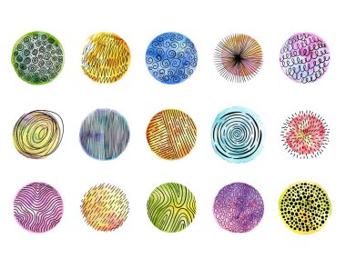 Karalama desenli soyut suluboya çemberi. Dairesel el çizgileri, yuvarlak şekiller ve dekoratif grafik arka plan vektörleri. Karışık ve kıvrımlı çizgiler, renkli şekiller.