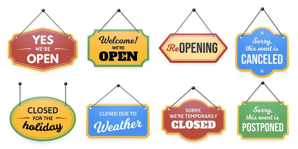 stock vector Hanging door sign. Sorry, event is canceled or postponed label, closed for holiday or temporarily, welcome were open and closed due to weather vector set. Different outside boards signage