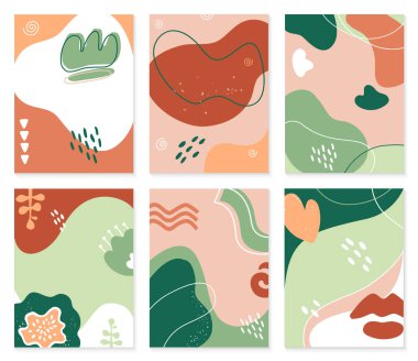 Creative abstract templates. Colorful strokes and lines, abstract painting shapes. Minimalistic elegant design artworks. Organic natural motif with plant leaves cartoon vector illustration set