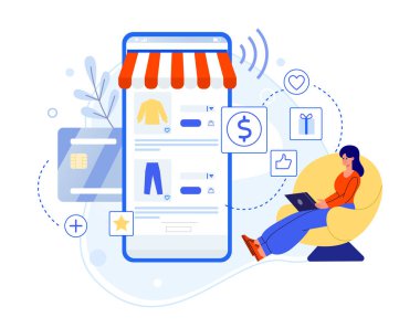 Mobile app shopping and person buy gifts. Woman sitting on chair with laptop and ordering purchases online. Smartphone screen with clothes. Female character paying by credit card vector