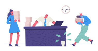 Organized office work. Successful time management, man sitting at desk and working at laptop. Female and male employees carrying documents and folders. People with paperwork, deadline vector