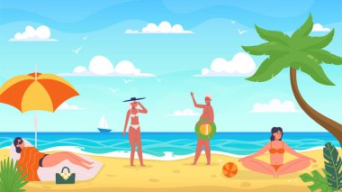 People at the seaside resort. Man and woman on vacation. Female character lying on chaise in sunglasses under umbrella. Person in lotus position on sand. Tropical holiday concept vector