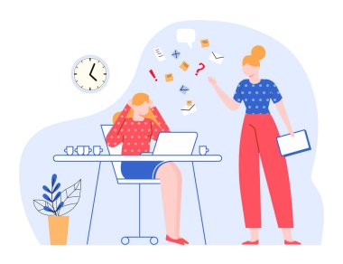 Woman at work place working under stress and pressure. Anxious office worker having different tasks. Manager shouting at employee. Workaholic person meeting deadline, crisis at workplace vector