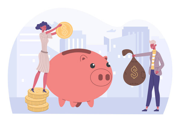 People money save, success financial investment concept. Cartoon woman putting coins into piggy bank. Man depositing sack of dollars. Personal financial management, budget growth vector