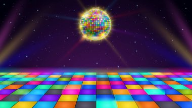 Disco dance floor. Retro party scene with LED squares grid glowing floor, disco ball and starry night sky vector background illustration. Neon colorful tiles, rainbow shining ball for dj event