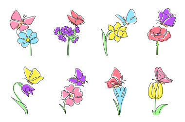 One line flowers with butterflies. Daffodil and tulip with butterfly on top, blooming flower and minimalistic spring vector illustration set. Beautiful floral blossom with insects, natural elements