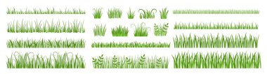 Cartoon grass leaves. Tuft of green meadow grass, lawn herb silhouette dividers and natural spring garden vegetation vector set. Plants and shrubs for framing isolated on white, wild foliage