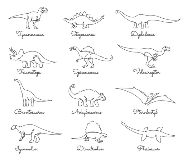 Continuous One Line Dinosaur Prehistoric Animals Jurassic Dino Monsters Giant — Vettoriale Stock