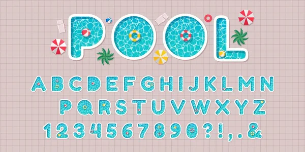Pool party font. Swimming pools alphabet letters and numbers with water surface texture, beach umbrellas and swim rings vector set. Vacation abc with palm trees and chaises for recreation top view