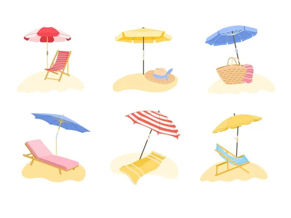 해변의 일광욕 일러스트 세트에서 휴가를 보내는 의자와 보호용 일광욕 보호용 — 스톡 벡터