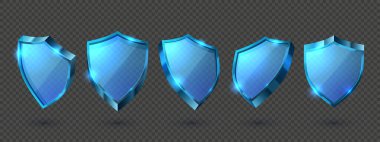 Glass shields. Invisible protection, transparent guard shield and crystal clear security or privacy award realistic 3D vector set. Glossy blue frames with protective covering, safety concept