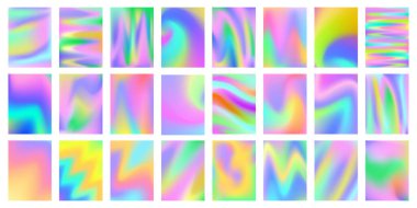 Holografik arka planlar. Holo gradyan örgü, yanardöner inci renkleri ve pürüzsüz sürreal arkaplan vektörü seti. Pastel ve neon renk tasarımı soyut koleksiyon, renkli doku çizimi