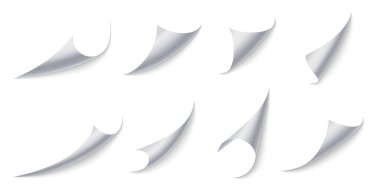 Curled paper corners. Page 3D bent with realistic shadow, curling stickers or document border effect vector set. Empty white sheet with folded edge. Mockup turning book or notebook page