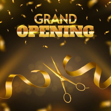 Grand opening ribbon cutting ceremony. Golden scissors cut ribbon, launching of new business luxury celebration event vector banner illustration. Announcements of new shop or party