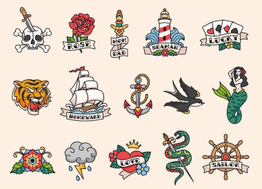 Sailor tattoo designs. Old school tattooing style, american traditional color tattoos with bold black outlines. Hand drawn vector illustration set. Colorful stickers as mermaid, rose and lighthouse