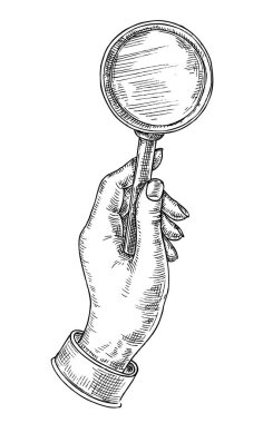 Sketch hand holding magnifying glass. Equipment for investigation, detective examining or having inspection. Instrument with enlarging glass for studying isolated vector illustration