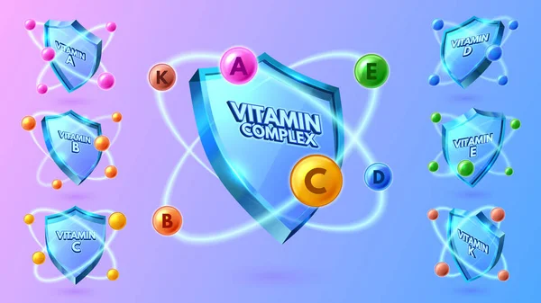 Vitamin Shield Multi Vitamin Complex Health Protection Label Vitamins Vector — Vetor de Stock