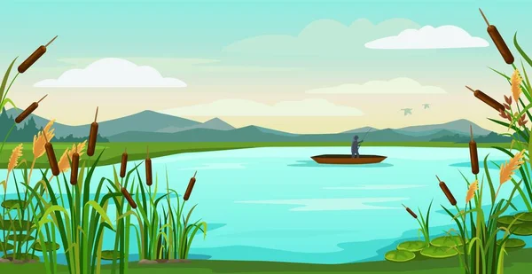 Cartoon Lake Landscape Fisherman Fishing Boat Pond Reeds Catching Fish — Stockvector