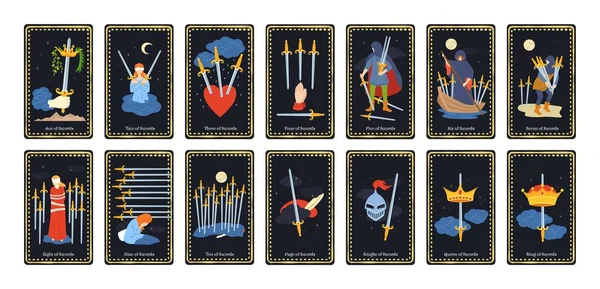 Minor Arcana Swords Tarot Cards Occult King Queen Knight Page — Stock vektor
