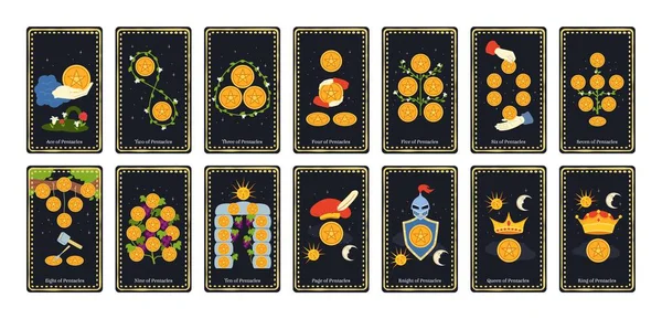 Kisebb Arcana Érmék Tarot Kártyák Öltöny Ász Lovag Király Királynő — Stock Vector