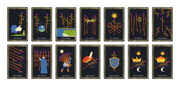 Minor Arcana Wands Tarot Cards Alchemy Occult Deck King Queen — Vetor de Stock
