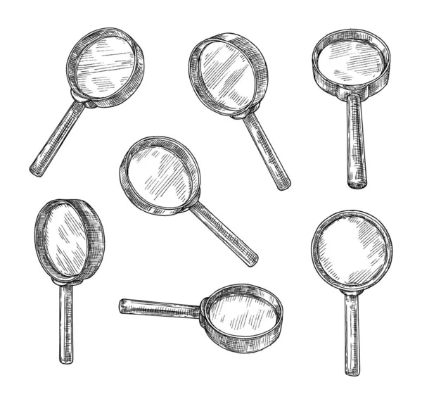 Sketch Magnifying Glass Vintage Old Searching Lens Engraving Hand Drawn — Stock Vector