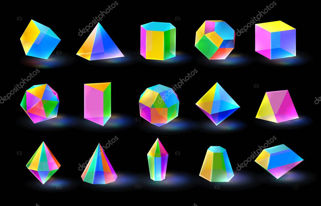 Multicolor diamond crystal shapes. Prism color glass prism different volumetric figures. Triangular, polygonal, and hexagonal crystals vector set. Geometric shapes shining as gemstones
