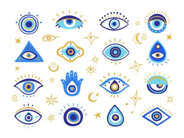 Evil eye symbols. Mystic Greek and Turkish eyes of evil malevolent glare, spiritual hamsa hand and magic amulet vector illustration set. Sacred traditional talisman for protection and luck