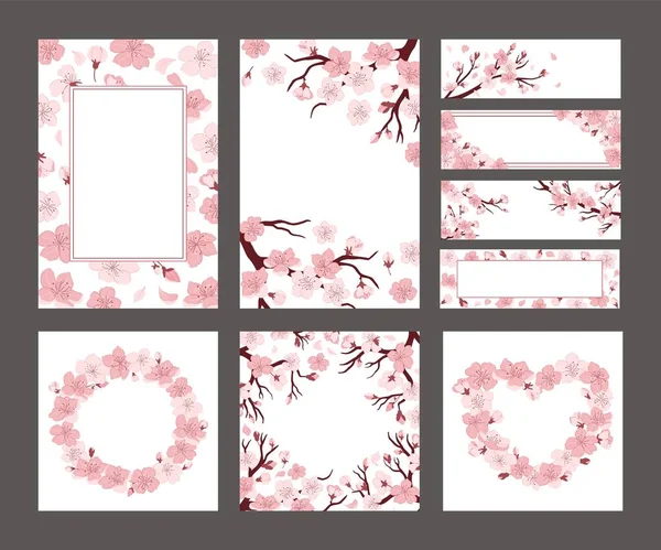 Cherry Blossom Banner Layout Sakura Flowers Branches Card Template Japanese — 图库矢量图片
