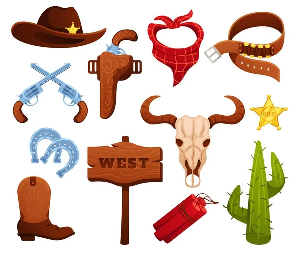 Карикатурные Элементы Дикого Запада Значок Шерифа Револьвер Шляпа Западно Американский — стоковый вектор