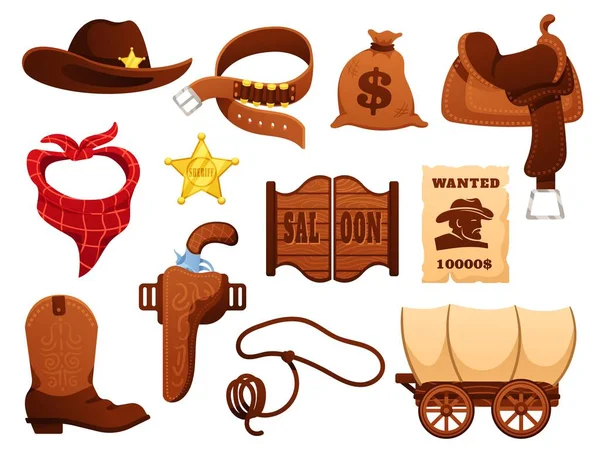 Cartoon Wild West Sheriff Elements Saloon Doors Saddle Wagon Wanted — Stock Vector