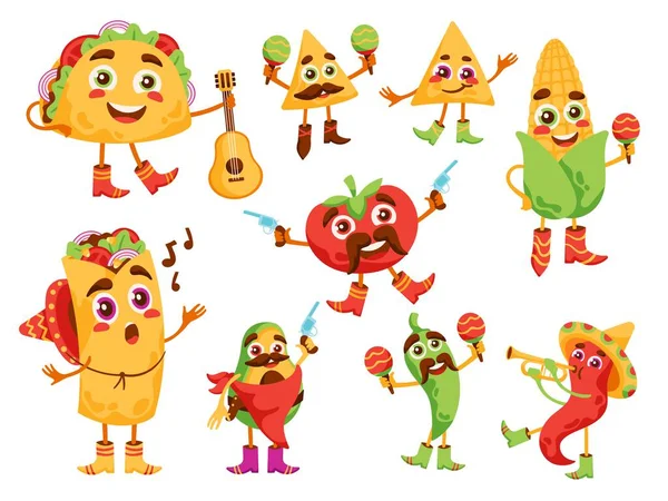 卡通墨西哥食品人物 有趣的卷饼 玉米片和玉米片吉祥物 西红柿和玉米病媒插图集 演奏乐器的蔬菜 — 图库矢量图片