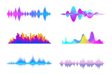 Renkli ses dalgaları. Ses sinyali dalgası, renk gradyan müzik dalgaları ve dijital stüdyo eşitleyici vektör seti. Ayar ya da melodi hareket çubuğu, dinamik soundtrack izole elementler