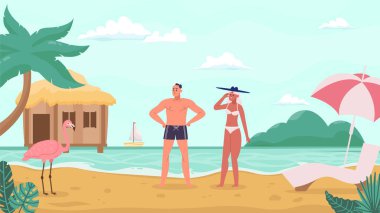 Kum tropik plajda dinlenen bir çift. Çizgi film insanları tropikal adada palmiye ağaçları ve flamingolarla tatil yapıyorlar. Genç karakterler için romantik bir balayı. Egzotik sahil vektör illüstrasyonu