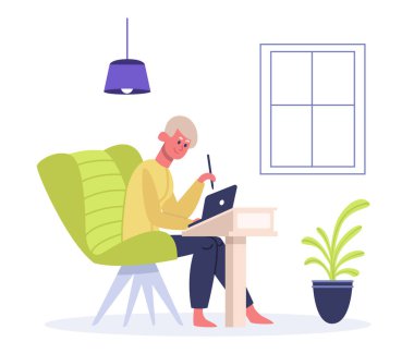 Koltukta oturup dizüstü bilgisayarla çalışan serbest çalışan bir işçi. Web tasarımcısı evde uzaktan çalışıyor. Çevrimiçi görevleri olan bir adam. İş vektör illüstrasyonuna sahip genç karakter