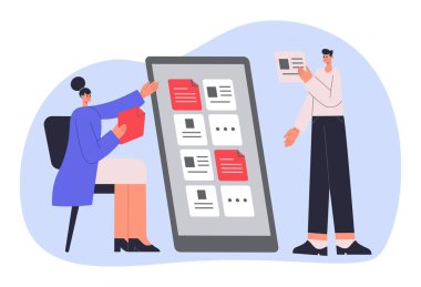 Kanban yönetim kurulu, yönetim ve organizasyon iş süreci. Kadın ve erkek çalışanlar görevlerde birlikte çalışıyorlar. Takıma verilen aktivite ve belgelerle birlikte dijital tablet. İlerleme vektörü takip ediliyor