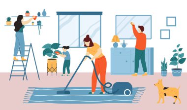 İnsanlar ev işi yapıyor, ev temizliği yapıyor. Aile ev işleri yapıyor, kadın halı süpürüyor, erkek ayna paspaslıyor, çocuklar ev bitkilerinin tozunu alıyor. Günlük rutin, hijyen vektörü