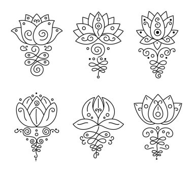 Lotus 'u çöz. Bohem çiçek dövmesi, Budizm yaşam yolu işareti ve zen geometrisi. Güzellik ve sağlığın sembolü, kutsal bitkiyle birlikte çiçeklerin doğulu tasarımı. Hint ezoterik elementleri vektör izole