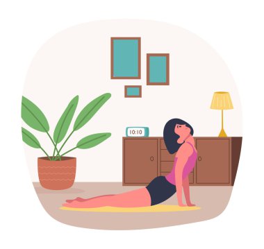 Yoga yapan genç bir kadın karakter. Aktif kadın antrenman yapıyor ya da sabah egzersizi yapıyor. Evde spor faaliyetleri, sağlıklı bir yaşam tarzı. Oda vektöründe paspas üzerinde gerinen kişi